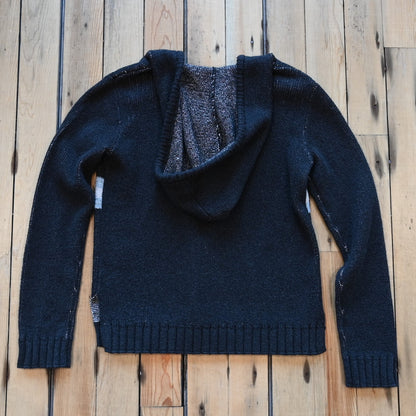 View of Pendleton ladies Harding cotton hoodie in Black Heather Multi with bold front pattern