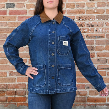 View of Schaefer ladies medium indigo denim chore coat with corduroy trim and pockets