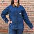 View of Schaefer ladies medium indigo denim chore coat with corduroy trim and pockets