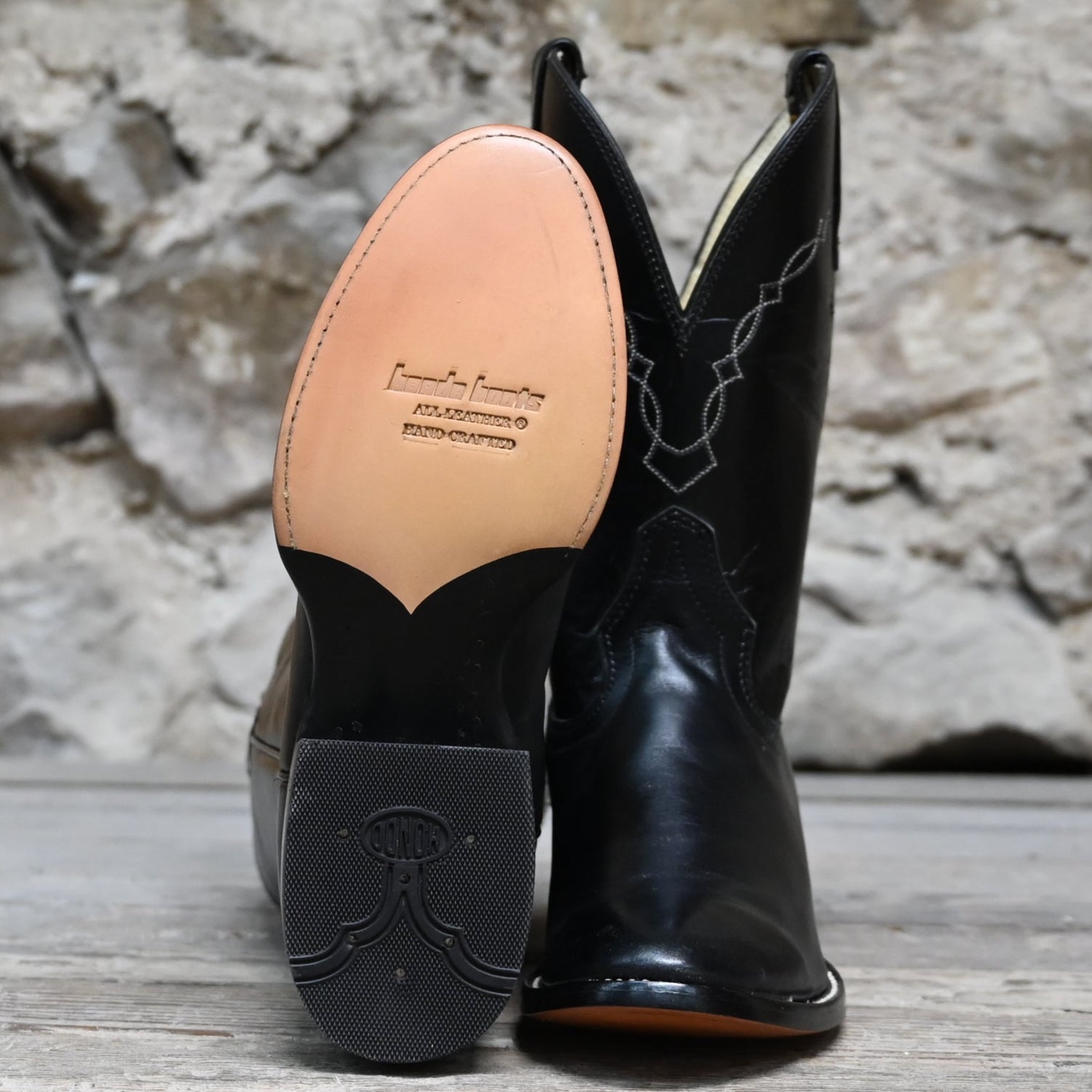 View of Hondo black cowboy boot with medium round toe, 11&quot; top, and pull straps