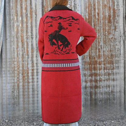 Schaefer Outfitter Ladies Blanket Coat in crimson wool-blend with horse-head button closure and large side pockets