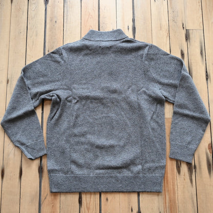 View of Pendleton men’s Shetland wool ¼ zip sweater in Stone Heather with mock neck and ribbed trim