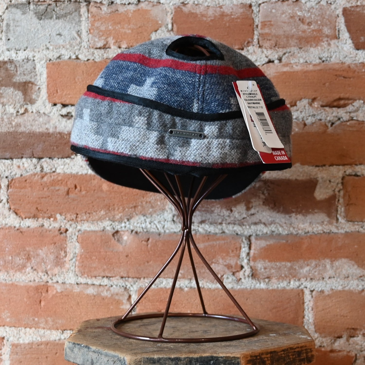 Crown Cap Ladies Navajo wool blend railroad hat with ponytail hole displayed