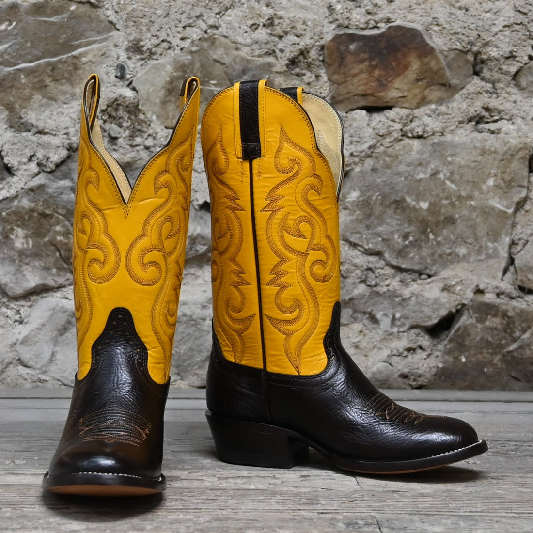 View of Hondo 13&quot; cowboy boot with yellow top, chocolate shoulder vamp, and wide round toe