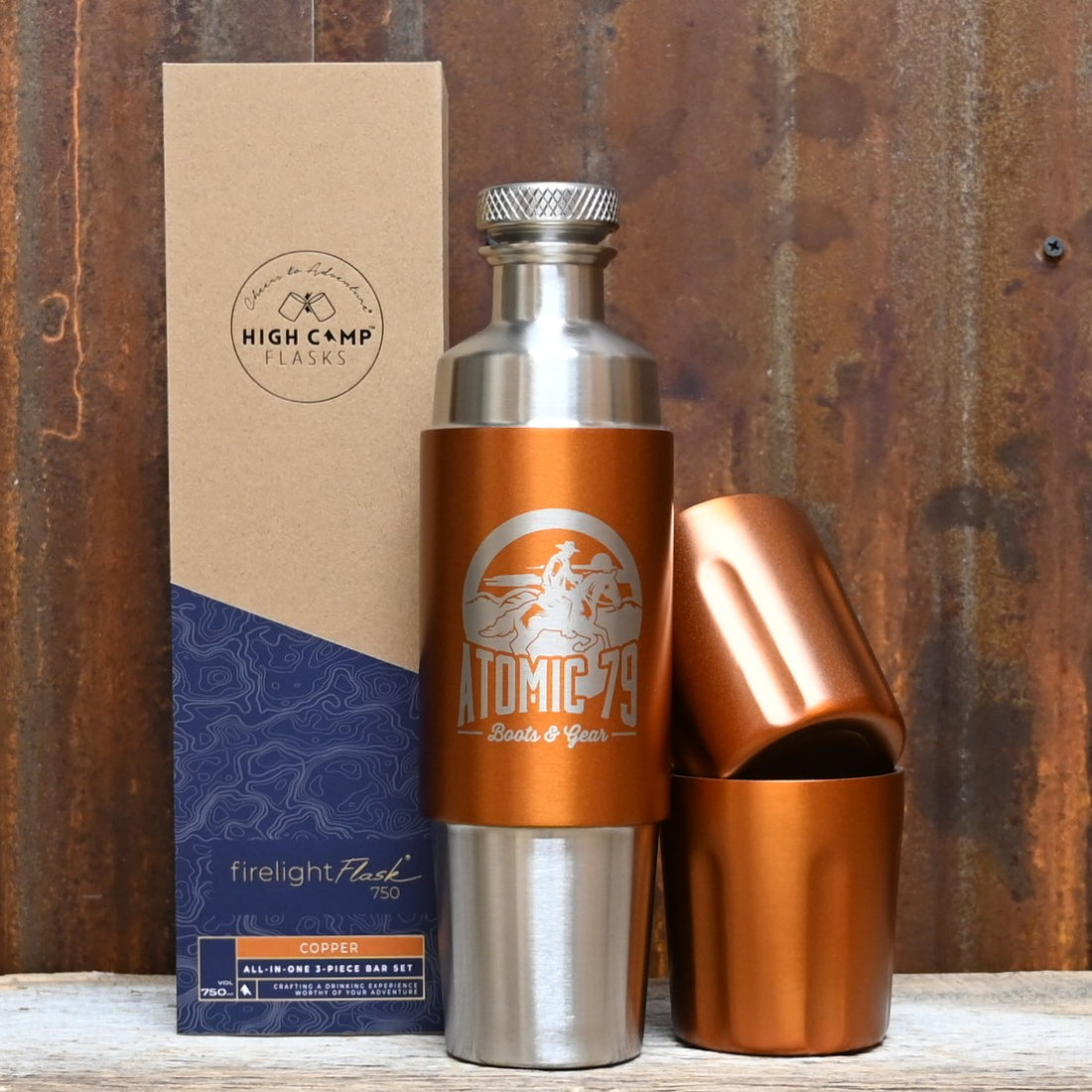 High Camp Firelight Flask Copper 750ml with magnetic tumblers and polished finish