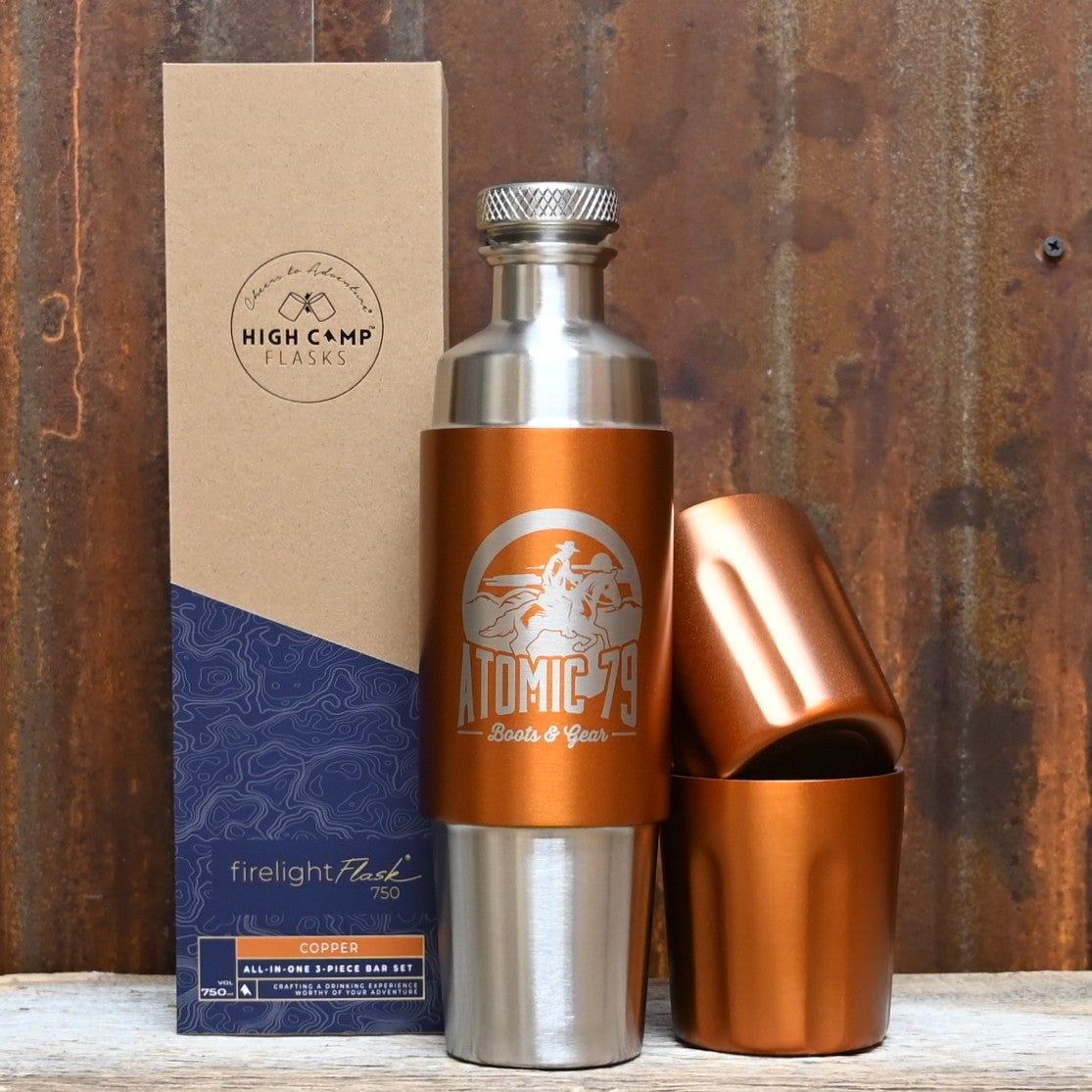 High Camp Firelight Flask Copper 750ml with magnetic tumblers and polished finish