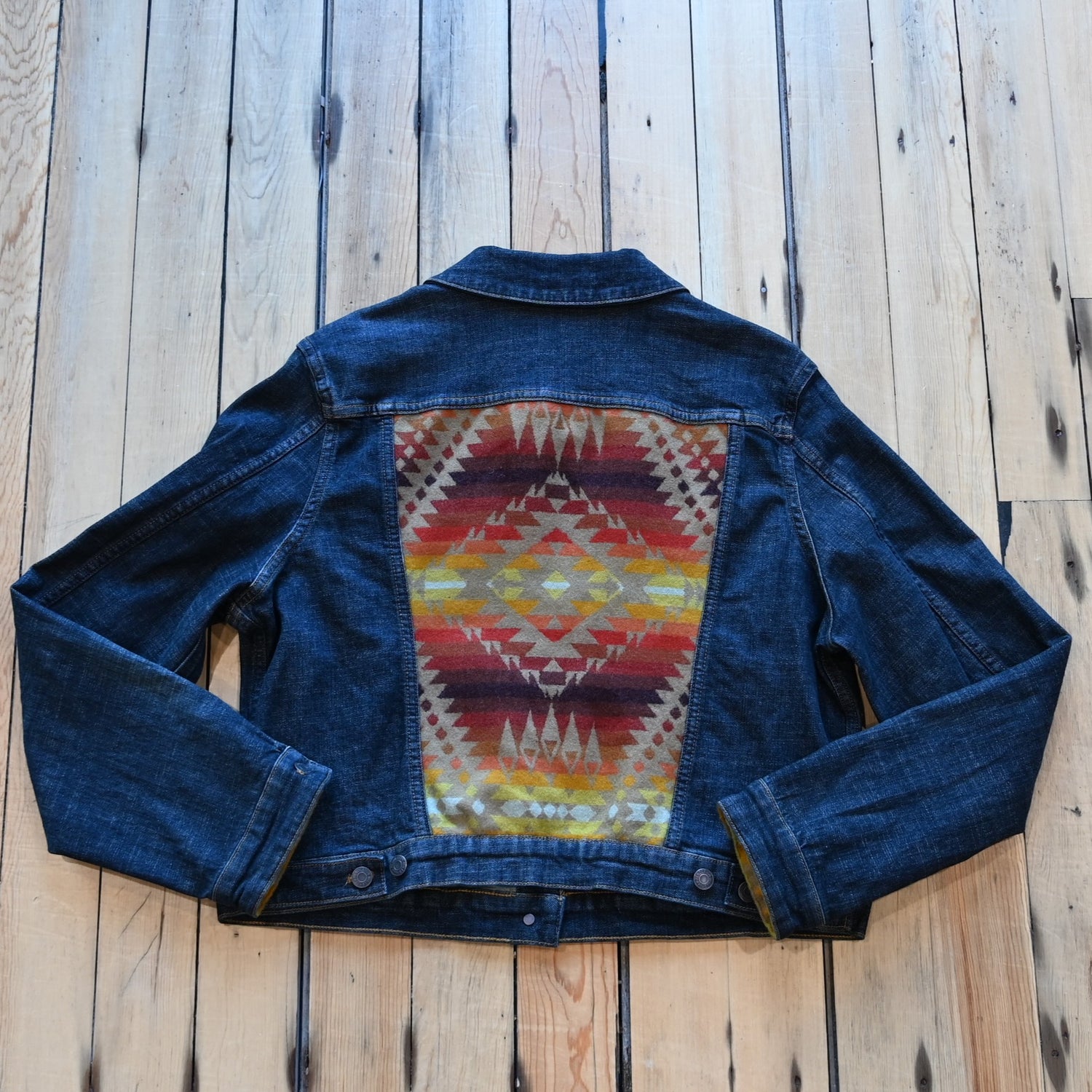 View of Pendleton denim jacket with Pinto Mountains wool trim on yoke and cuffs