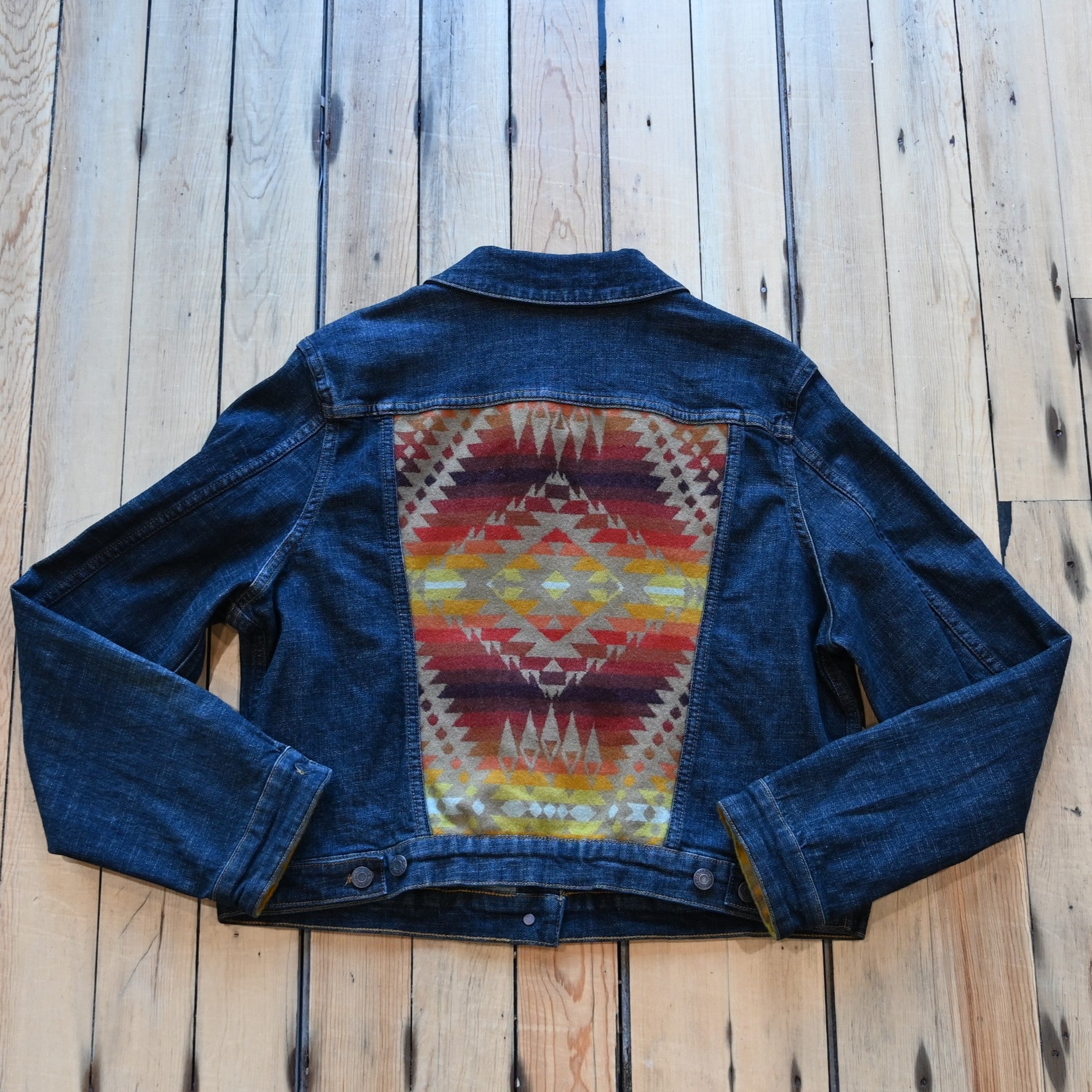 View of Pendleton denim jacket with Pinto Mountains wool trim on yoke and cuffs