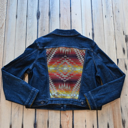 View of Pendleton denim jacket with Pinto Mountains wool trim on yoke and cuffs