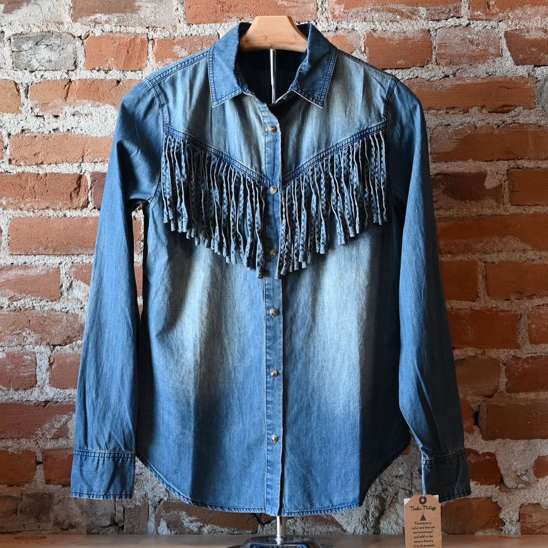 Washed blue denim Hart Shirt by Tasha Polizzi with self-fringe along front and back yokes