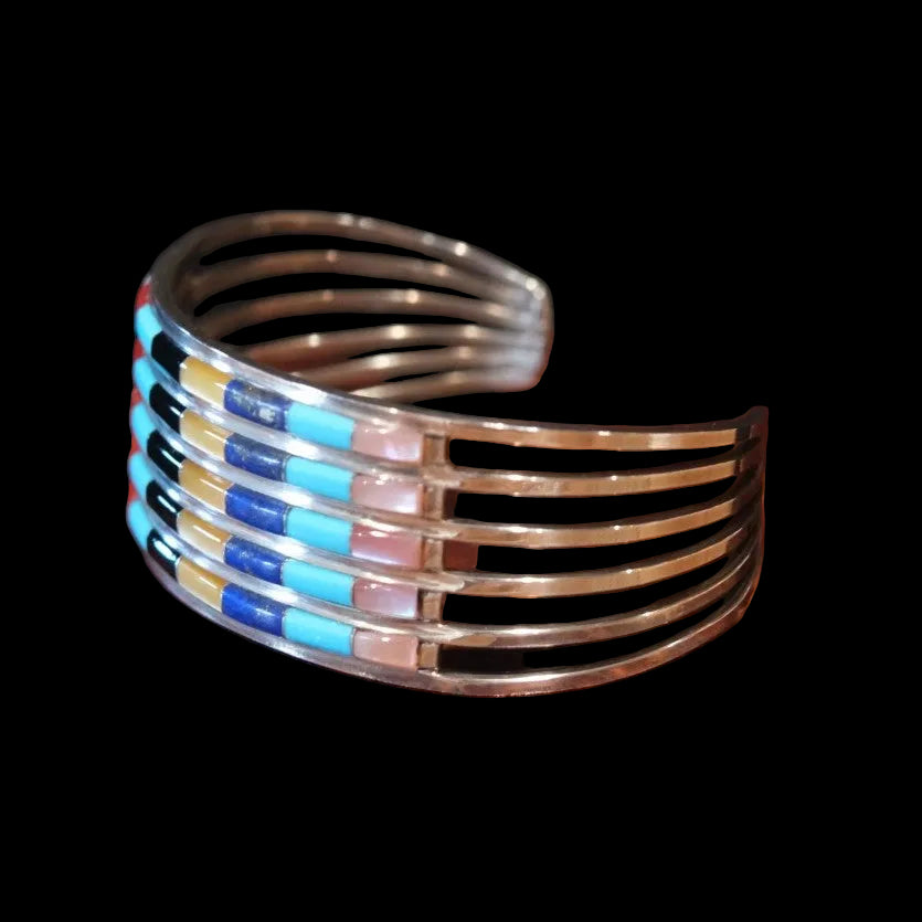 Ahmed Zuni Style Multi Stone Inlay Sterling Silver Row Cuff Bracelet