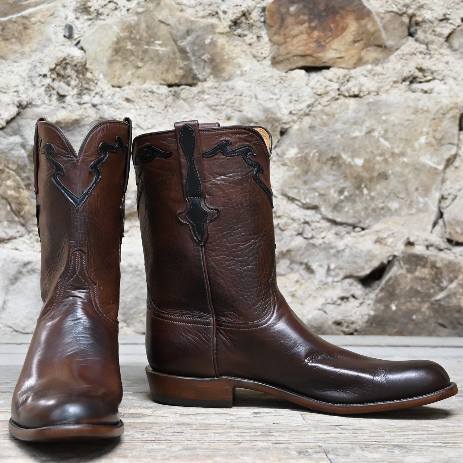 Lucchese men’s 10-inch Buffalo leather boot in burnished whiskey with roper heel