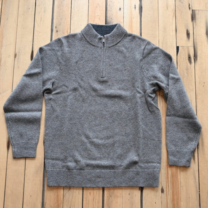 View of Pendleton men’s Shetland wool ¼ zip sweater in Stone Heather with mock neck and ribbed trim