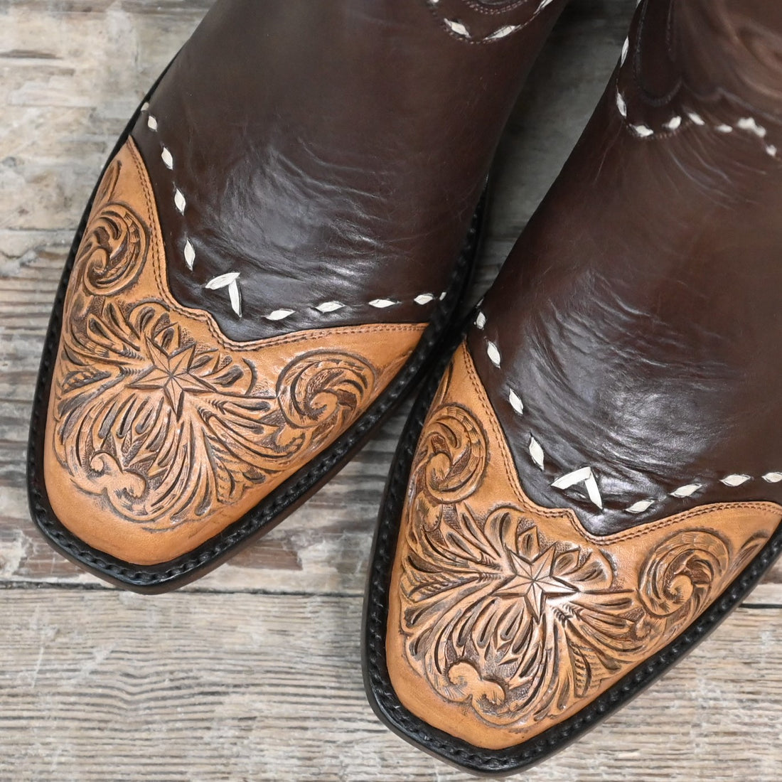 View of Stallion Ladies 14&quot; chocolate cowhide boot with floral tooled top and bone buckstitching