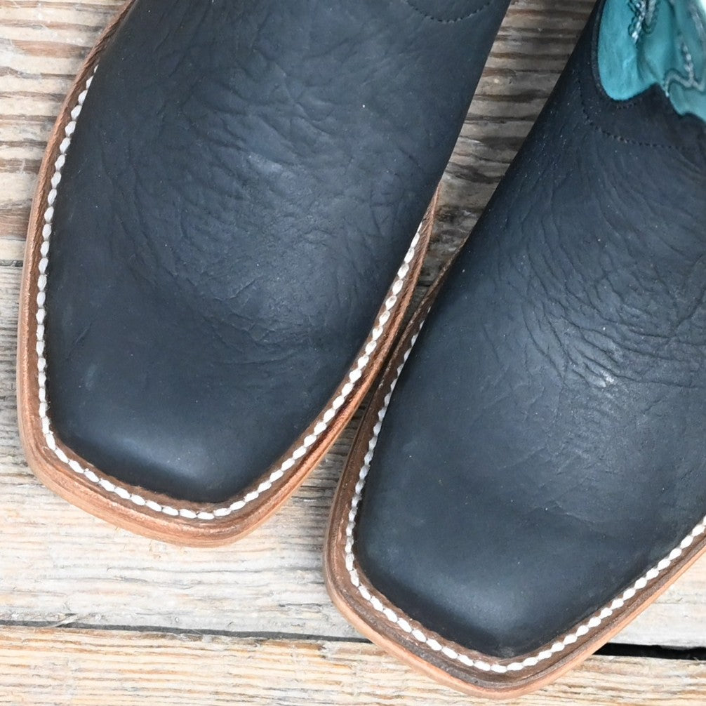 View of Anderson Bean Kids cowboy boot with black oiled shoulder vamp and sea foam leather top