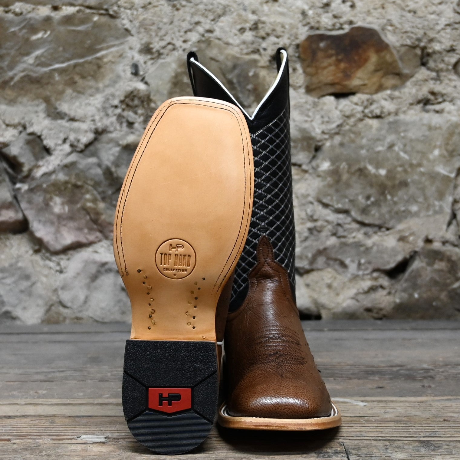 View of Horse Power Kango Boot with tobacco ostrich vamp, black shank, square toe, and pull straps