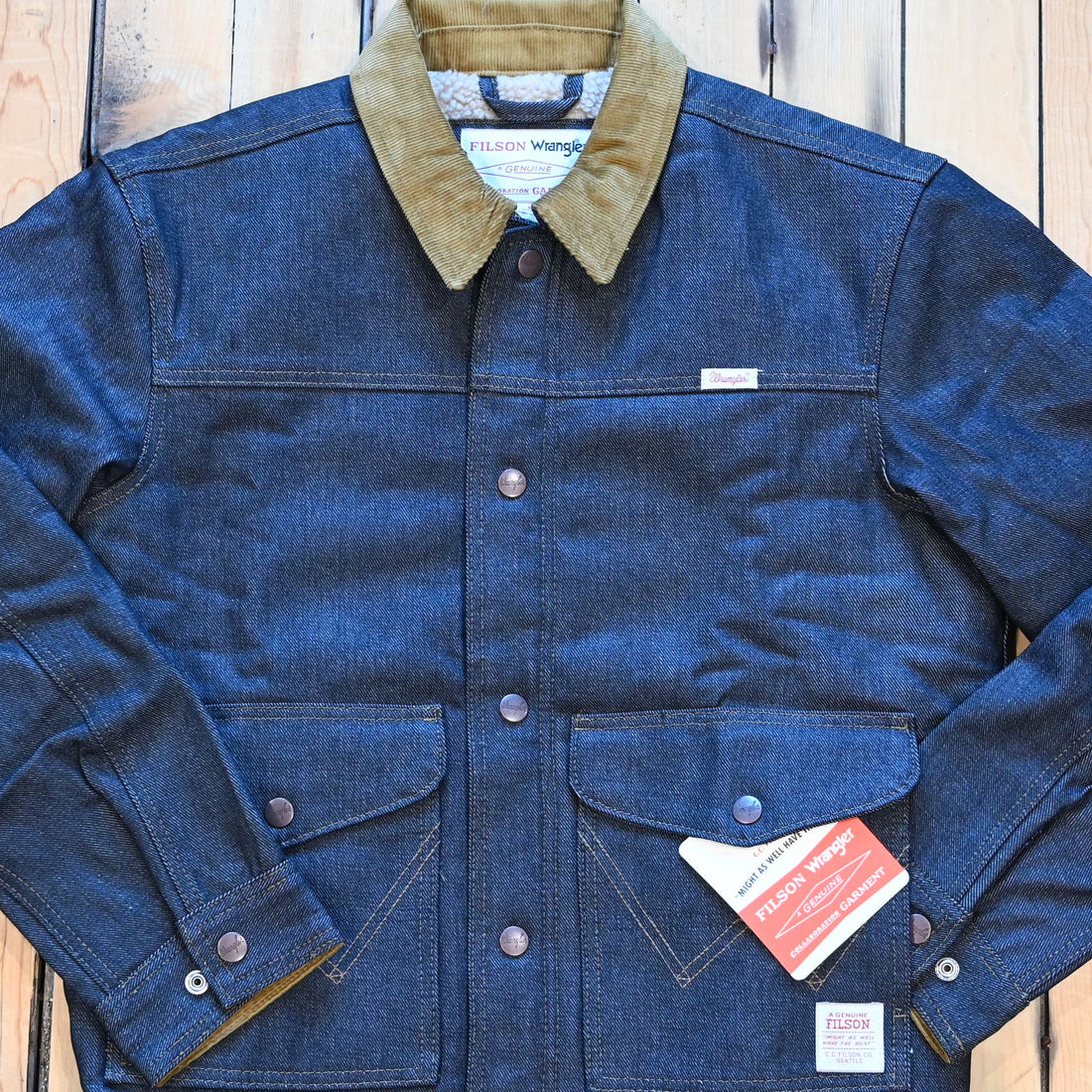 Filson × Wrangler Two-Tone Denim Work Jacket in indigo with corduroy collar and fleece-lined interior