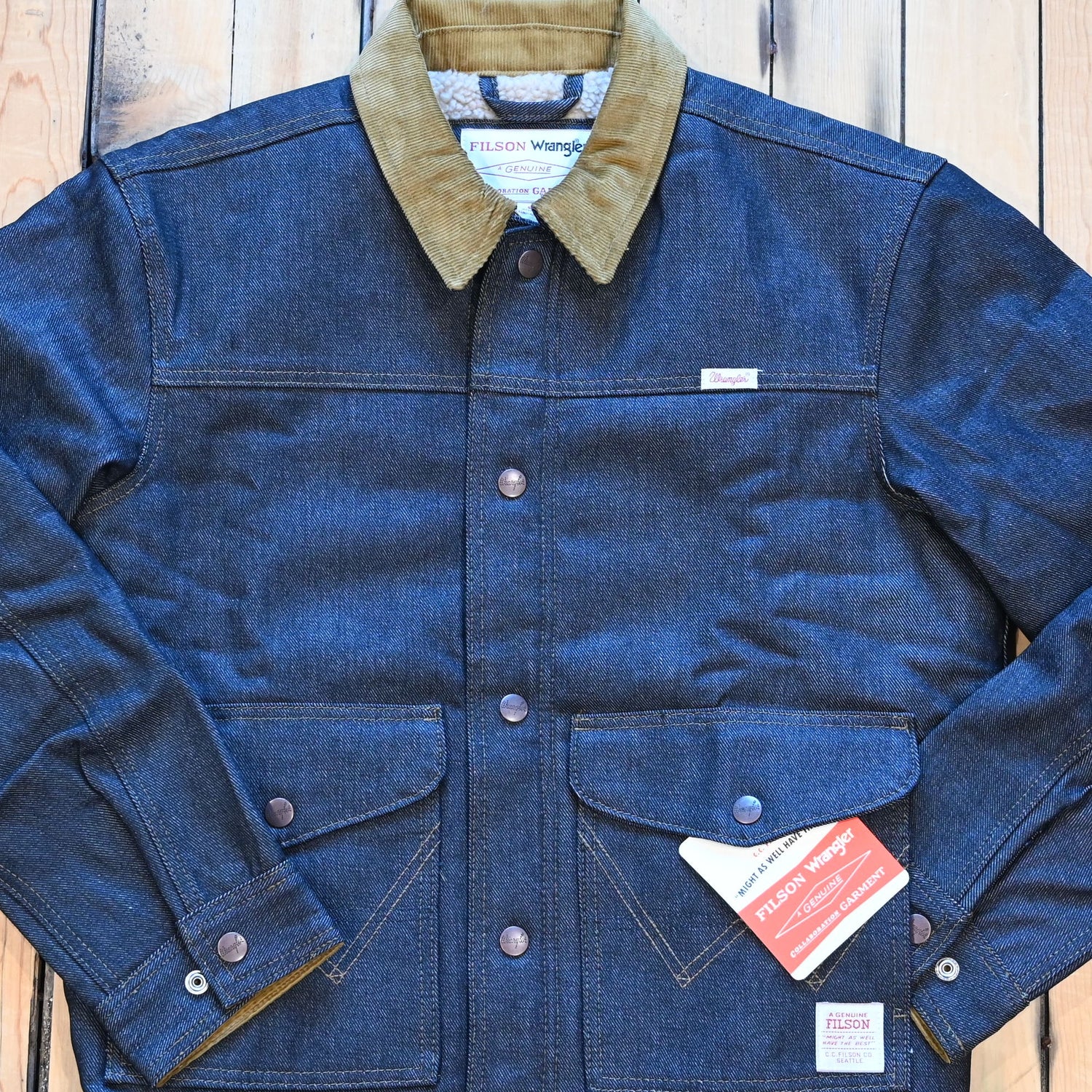 Filson × Wrangler Two-Tone Denim Work Jacket in indigo with corduroy collar and fleece-lined interior