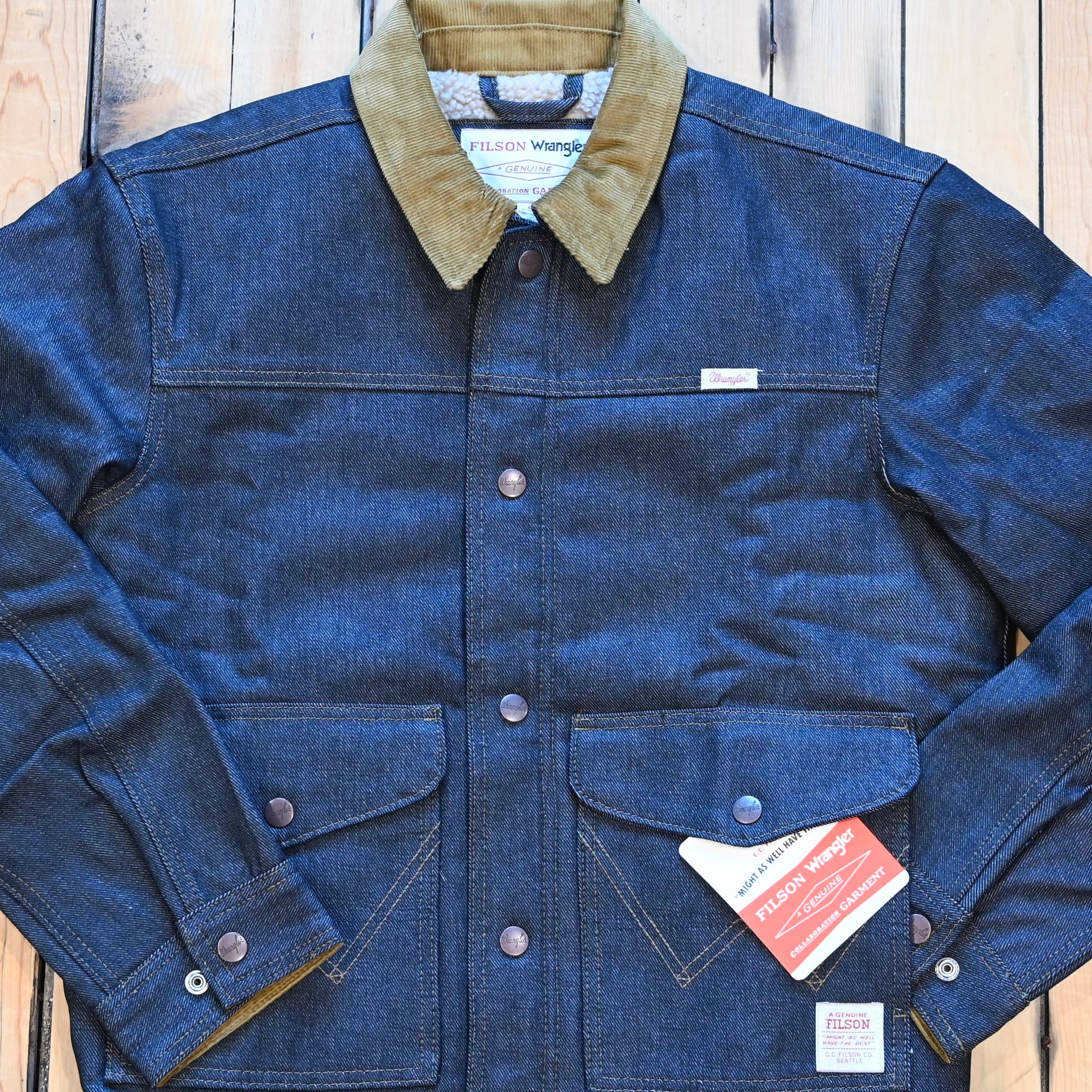 Filson × Wrangler Two-Tone Denim Work Jacket in indigo with corduroy collar and fleece-lined interior