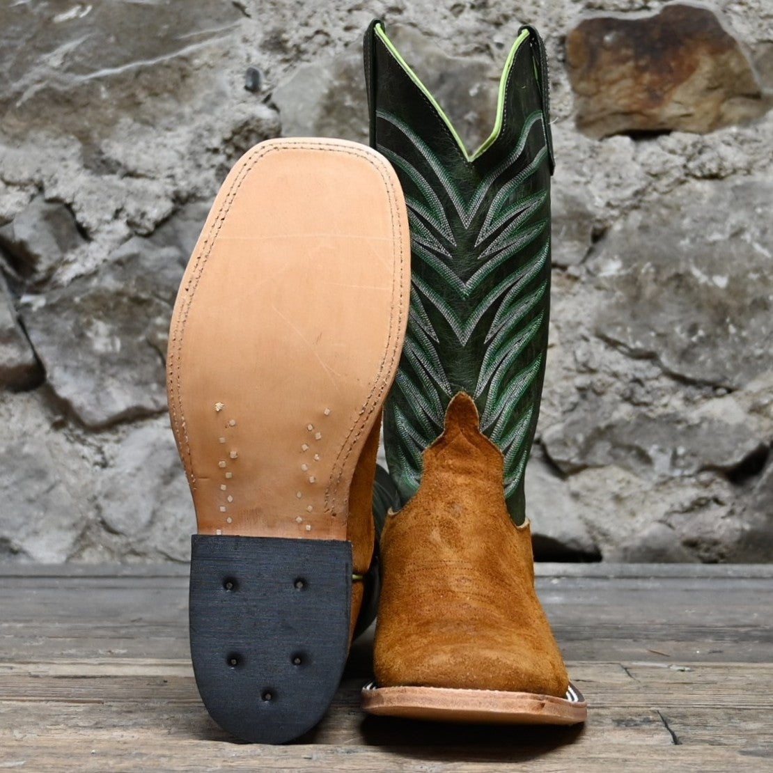 View of Anderson Bean 13&quot; boot with rust crazy horse vamp, emerald explosion top, and square toe