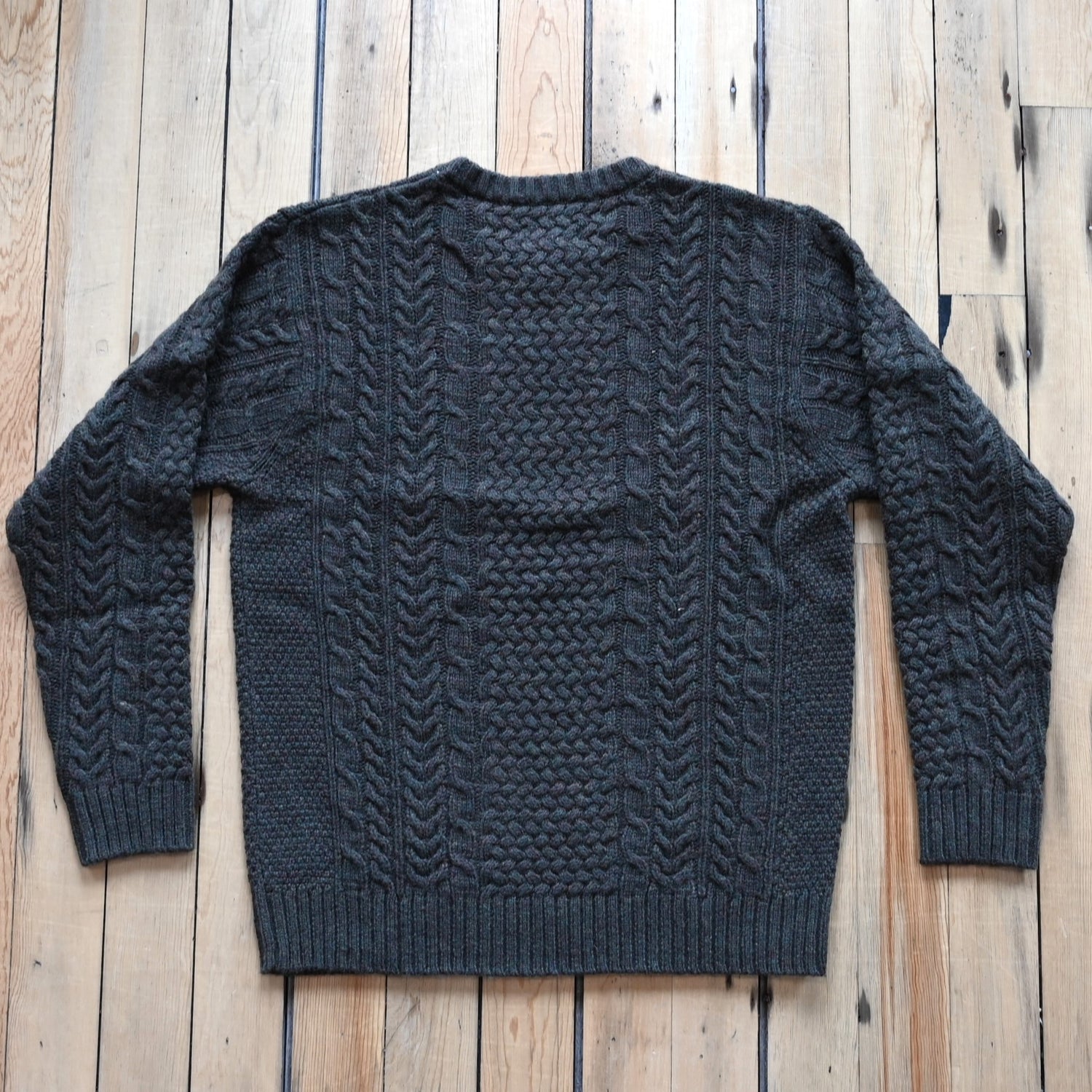 View of Pendleton men’s wool fisherman sweater in Camo Heather with cable knit