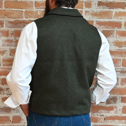 View of Filson Western Vest in Charcoal and Forest Green, showcasing its classic Western design and durable Mackinaw Wool construction