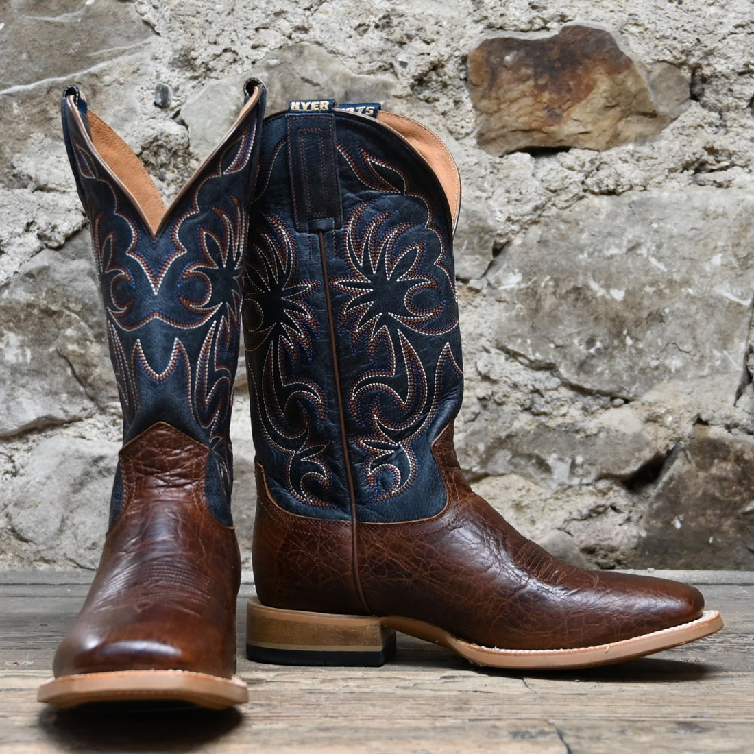Hyer 13" BURDETT Vintage Navy Blue top Brown Clay cowhide boot