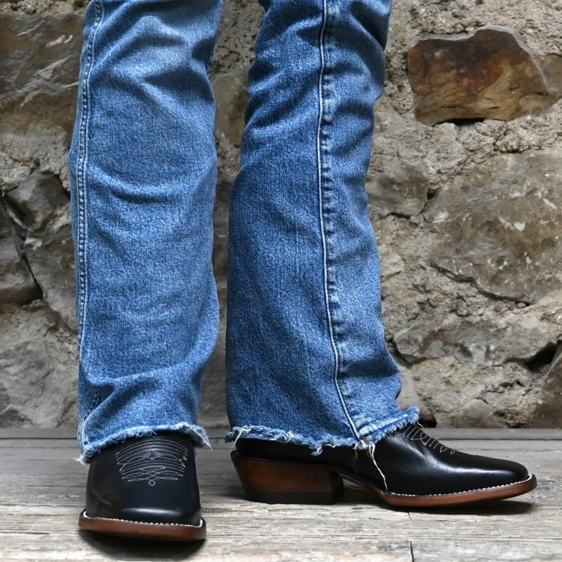 View of Hondo 11&quot; cowboy boot with bone leather top, black steer vamp, and wide square toe