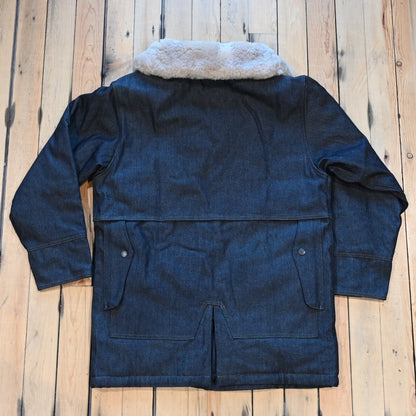 Filson × Wrangler Indigo Packer Jacket: denim outer, wool lining, shearling shawl collar