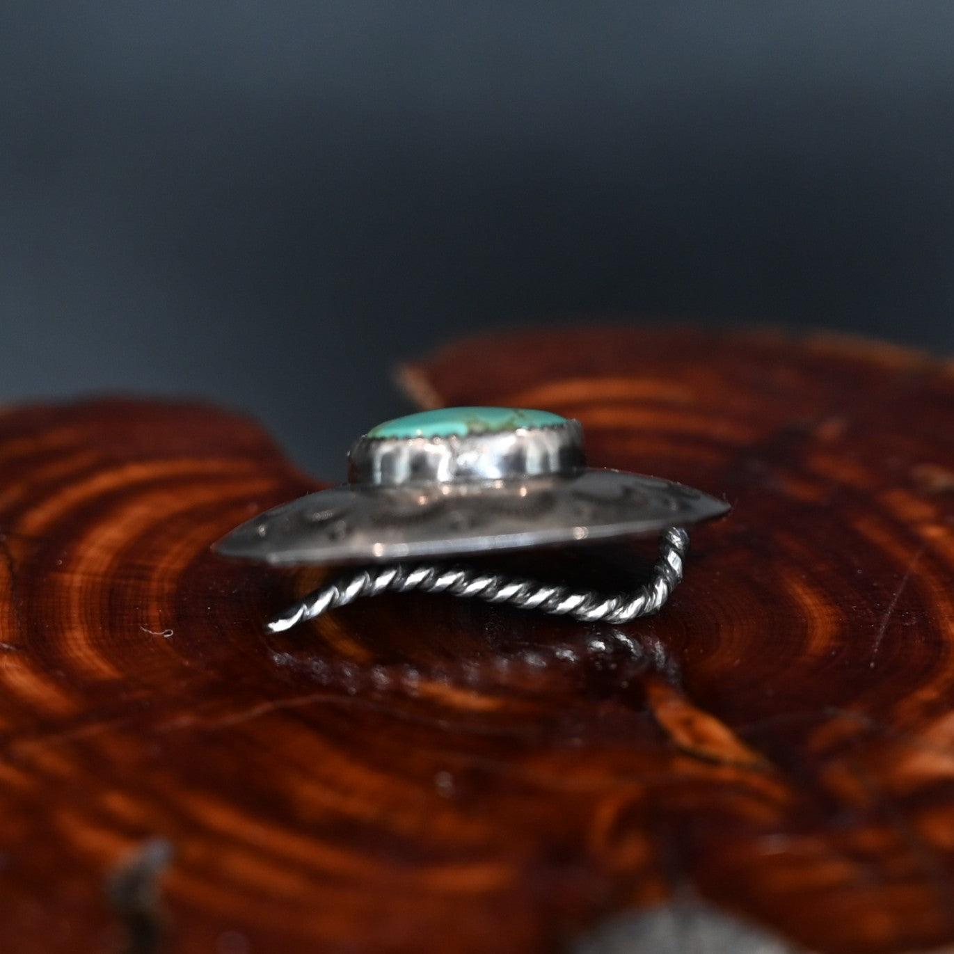 Calico Rose round hair pin in sterling and nickel silver with White Horse turquoise stone