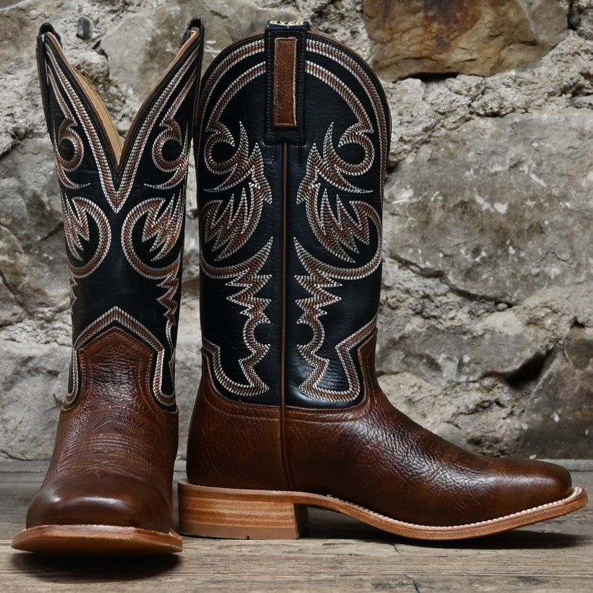 Hyer SAWYER 13-inch black vintage top boot with brown oiled shrunken shoulder vamp and square toe.