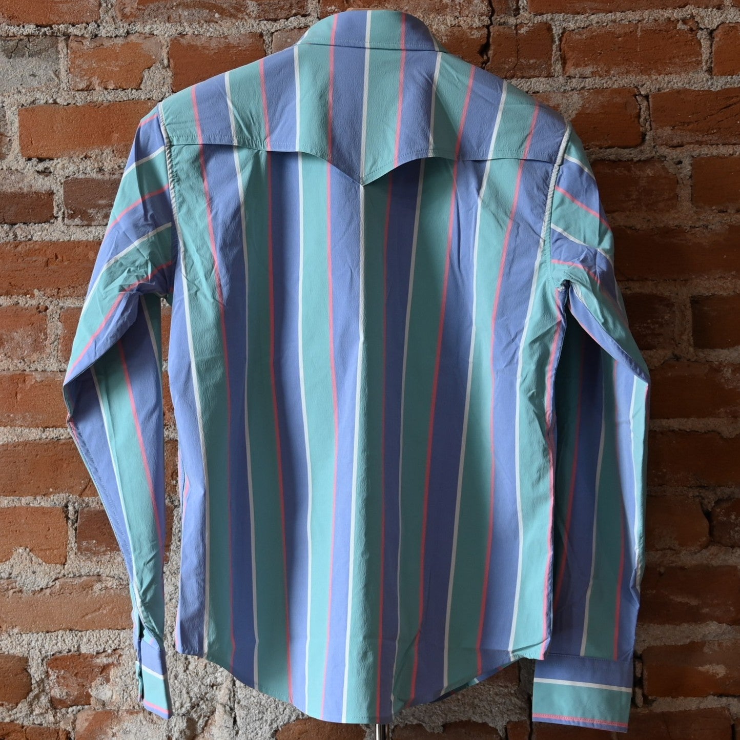 View of Schaefer ladies Marathon plaid Range Tek shirt with blue and green tones, mesh back vent, and snap pockets