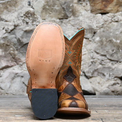 View of Horse Power kids boot with patchwork vamp, honey top, square toe, and pull tabs