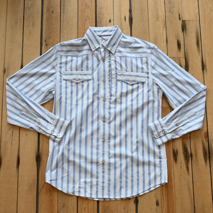 View of Schaefer blue stripe Western snap shirt with mesh-back vent and chest pockets