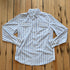 View of Schaefer blue stripe Western snap shirt with mesh-back vent and chest pockets