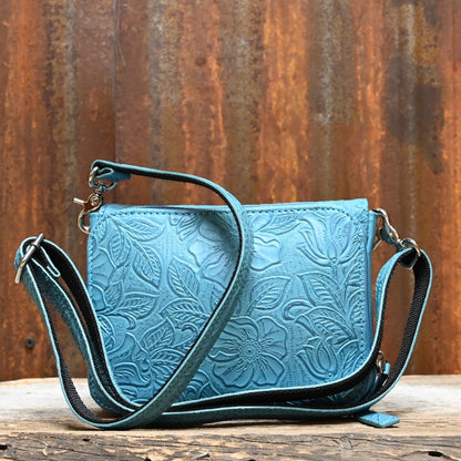 Gun Toten Mamas Tooled Cowhide Turquoise Blue Leather Crossbody Organizer