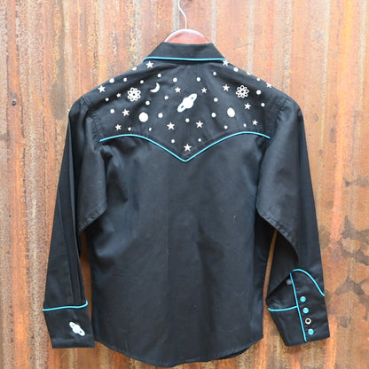 View of Black Rockmount kids western shirt size Large with embroidered stars, planets, and rockets