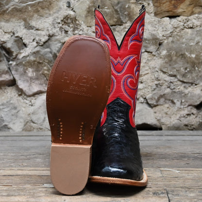View of Hyer JETMORE 13&quot; boots showcasing black full-quill ostrich vamp and red vintage goat upper with broad square toe and Stockman block heel