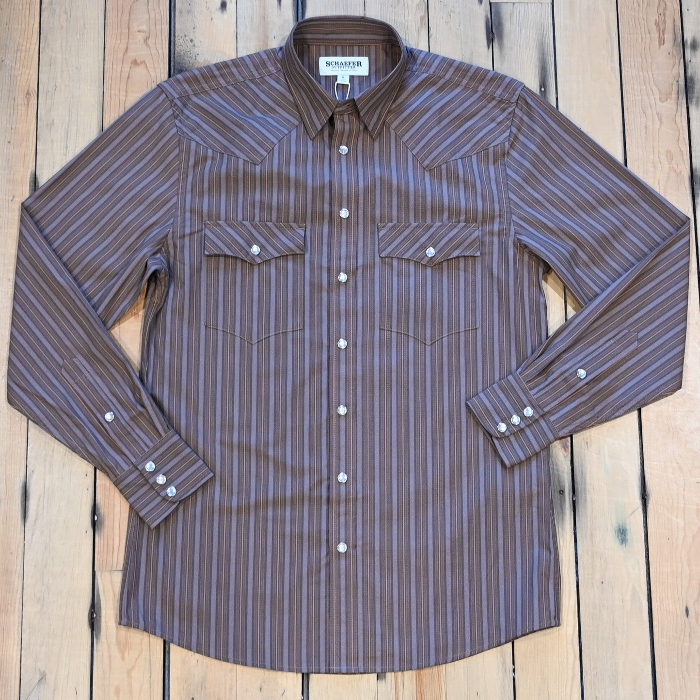 Schaefer Outfitter Classic Western Button Down With Snaps in Childress stripe cotton blend with snap chest pockets and Western yoke