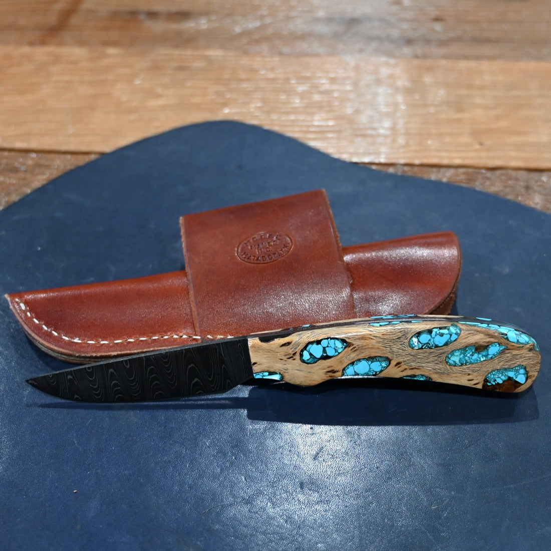 Moore Maker Damascus small game hunter knife with cholla wood handle and turquoise inlay