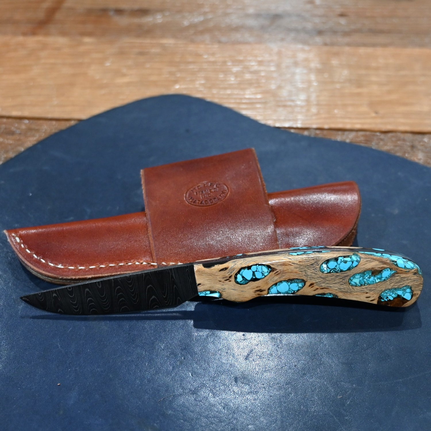 Moore Maker Damascus small game hunter knife with cholla wood handle and turquoise inlay