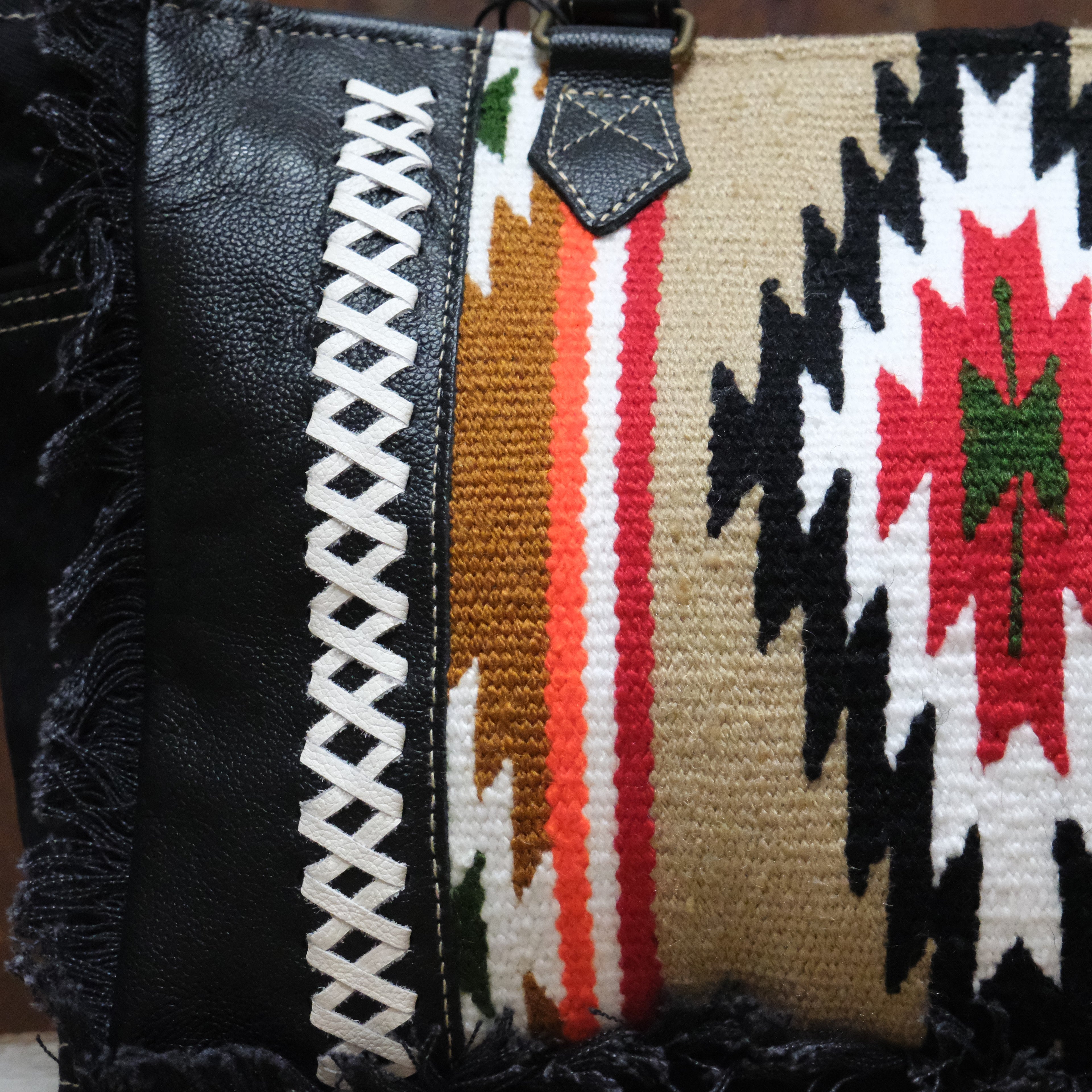 Myra Tulsa Rosa small woven bag in coal with leather trim and patterned design