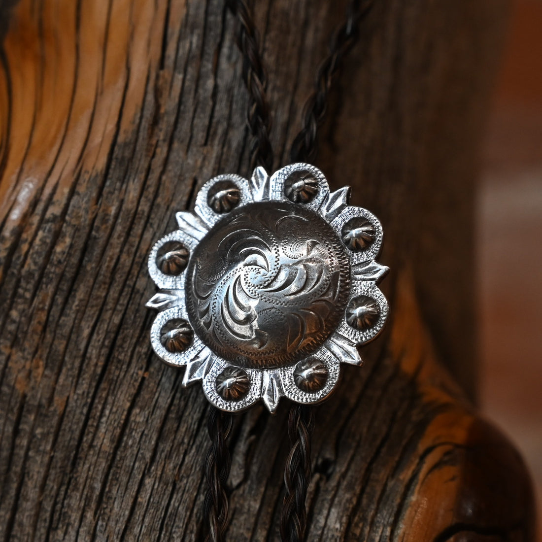 Cowboy Collectibles traditional solid tone horsehair bolo tie with 1½ inch concho and metal tips