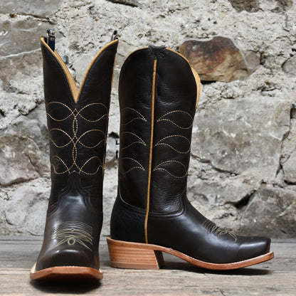 View of Hyer MAIZE 13&quot; boots showcasing chocolate Chocolate Ranch Hand cowhide vamp and shaft with Cutter toe and leather stacked heel
