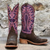 View of Hyer ROSE HILL 13" boots showcasing eggplant cowhide top and chestnut cowhide vamp with broad square toe and Stockman block heel