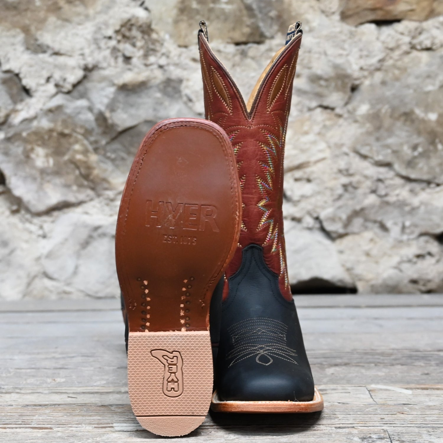 View of Hyer CHERRYVALE 13&quot; boots showcasing cognac Garrison goat leather upper and black mule cowhide vamp with broad square toe and Stockman block heel