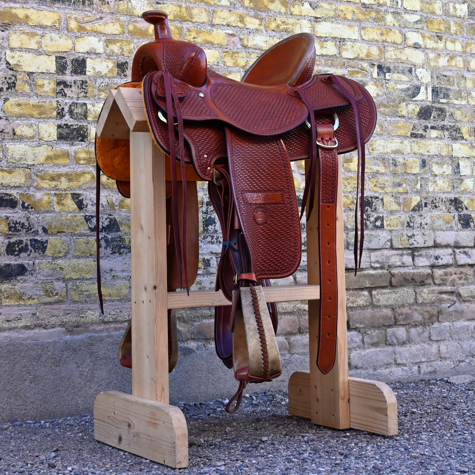 View of Billy Cook 15½&quot; High Country Rancher Saddle in Chestnut with hand-stamped basket tooling