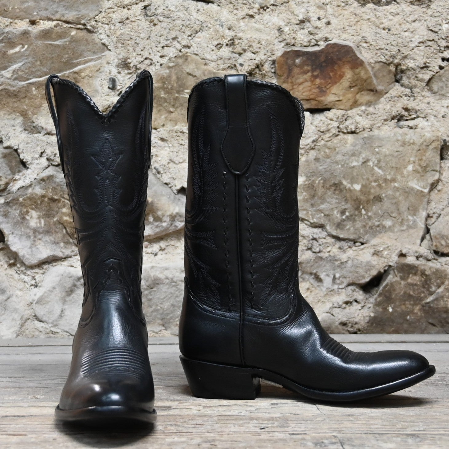 View of Stallion Men’s 13&quot; Western boot with lacing, white buckstitching, and small round toe