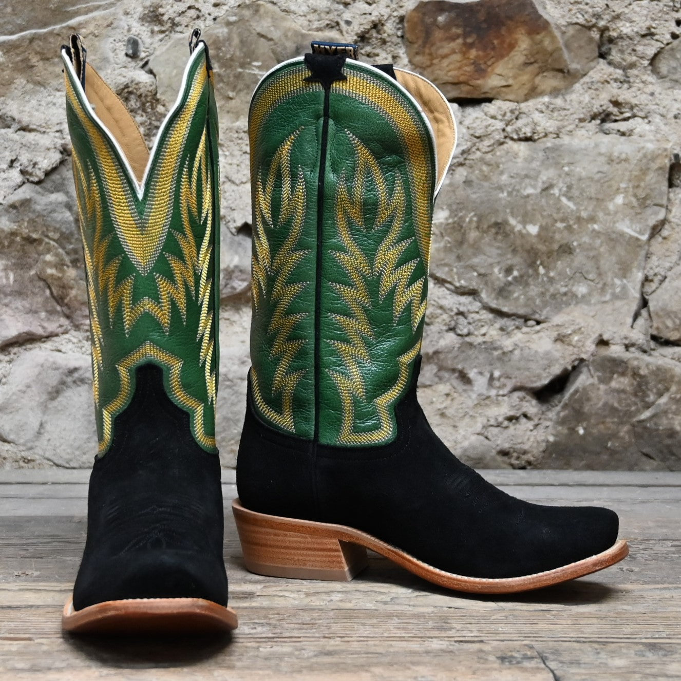 View of Hyer CULVER 13&quot; boots showcasing black napped roughout leather vamp and grass vintage goat upper with Cutter toe and underslung heel