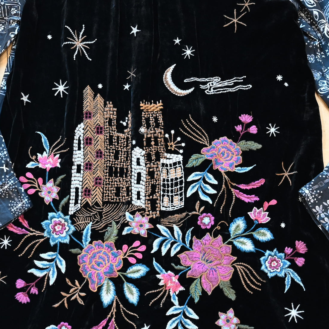 View of Johnny Was multicolor velvet shirt with floral embroidery on back